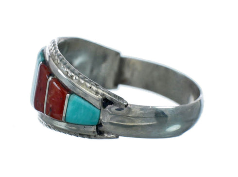 Turquoise and Coral Inlay Native American Sterling Silver Ring Size 8-1/4 NN20586